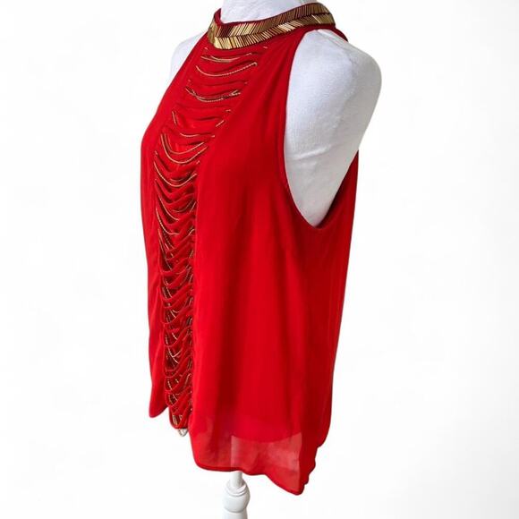 VINTAGE Y2K XOXO‎ RED CUT OUT BEADED HALTER TOP LONG TANK BLOUSE LARGE - Picture 3 of 5